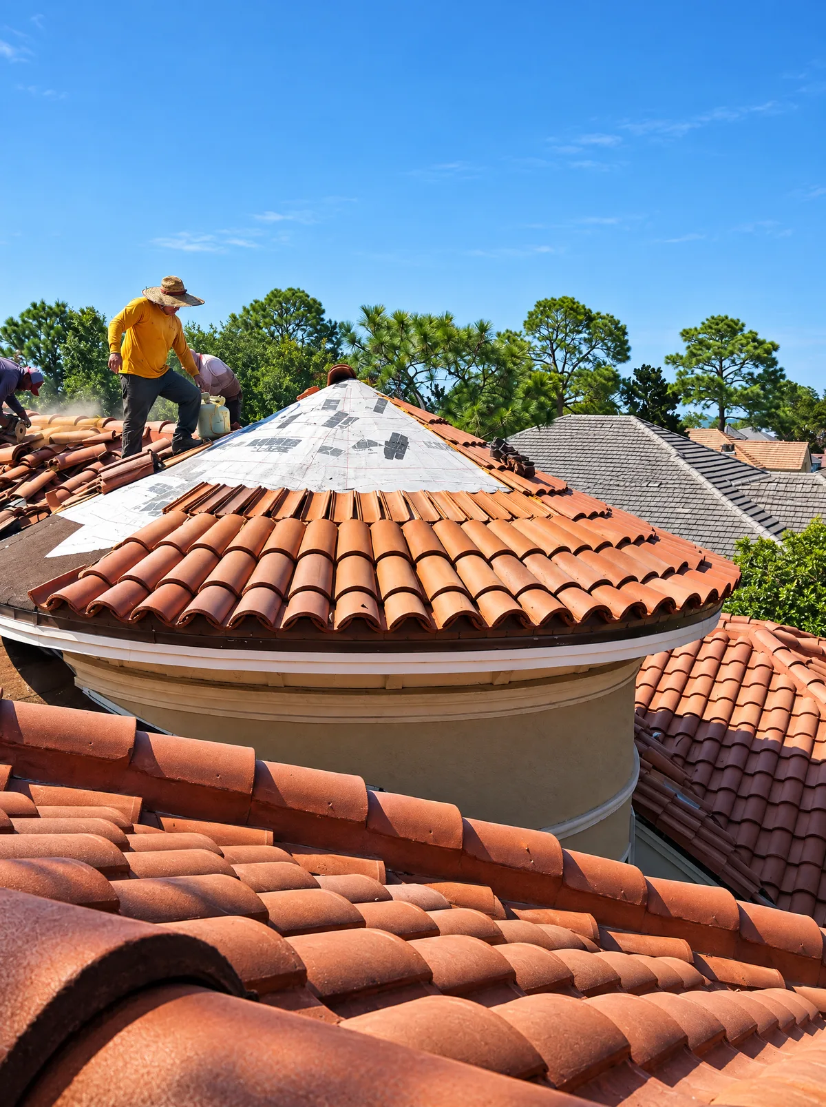 NexRoof crew repairing a clay tile roof in Florida