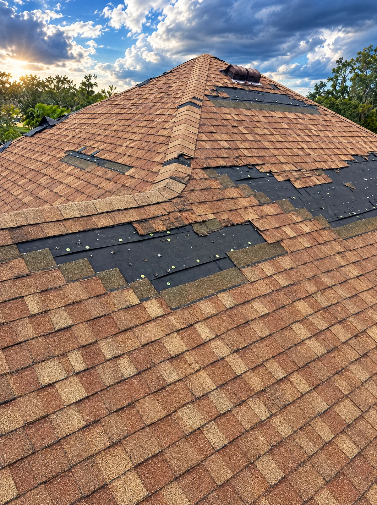 Storm-damaged shingle roof in Florida